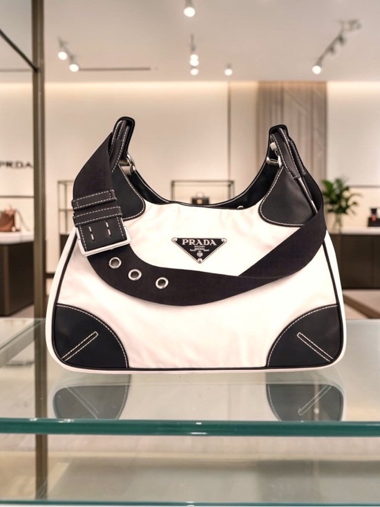 Prada Handbags - AUTHENTIC PRADA TESSUTO SHOULDER BAG EGGSHELL NYLON BLACK LEATHER GROMMET STRAP